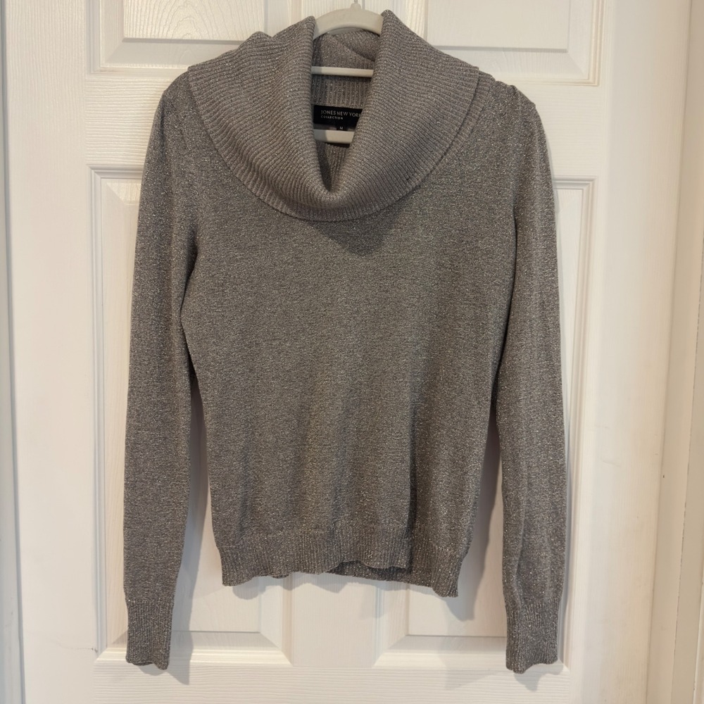 Jones New York Collection Womens Silver Metallic Cowl Neck Sweater M Shimmer